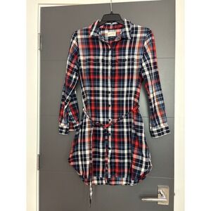Universal Thread Plaid Shirt Dress Navy Red Blue White Belted Button Down Size M